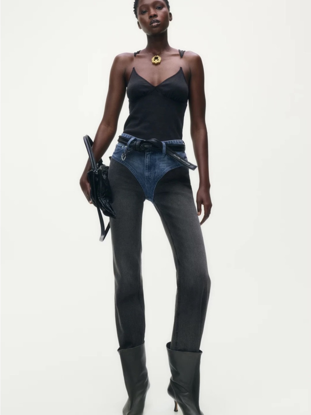 Two-Tone Black and Dark Blue Straight-Leg Jeans